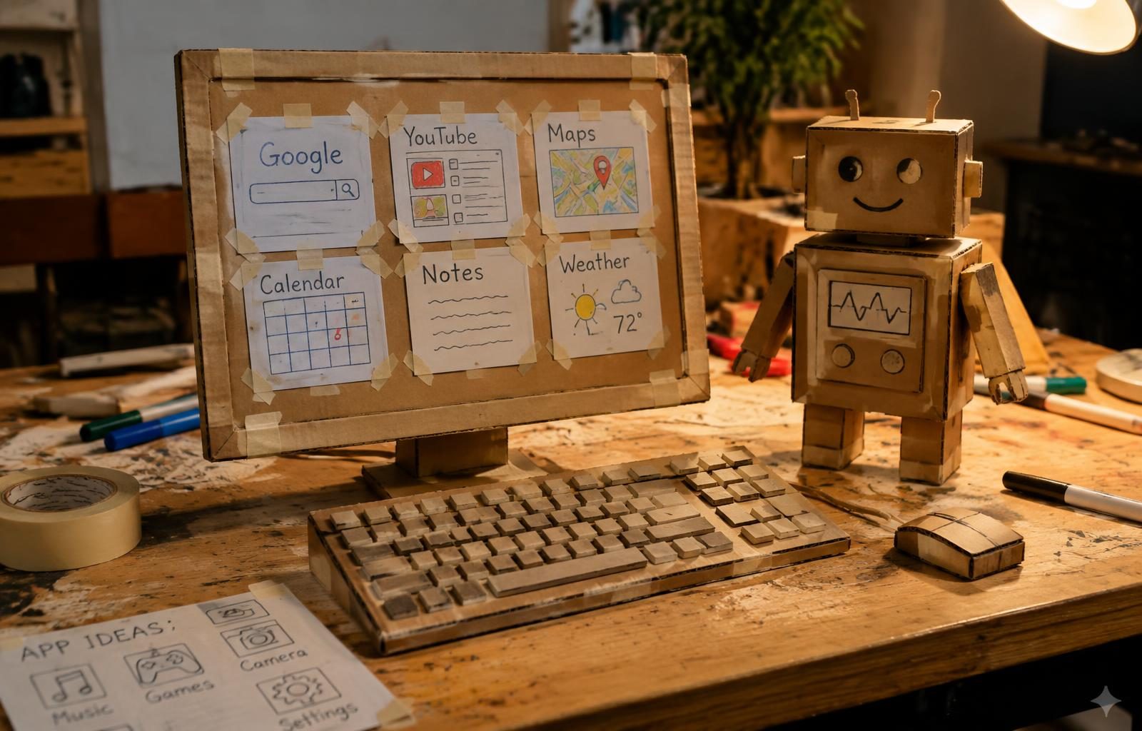 A cardboard computer with hand-drawn app screens and a cardboard robot on a workbench