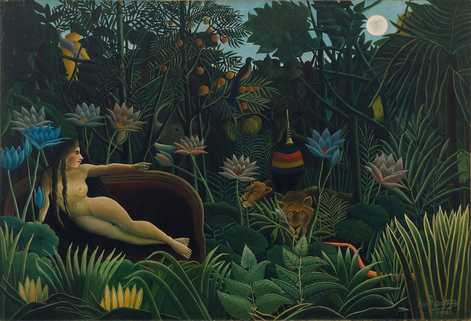 Rousseau’s The Dream, a woman on a sofa in a moonlit jungle full of animals