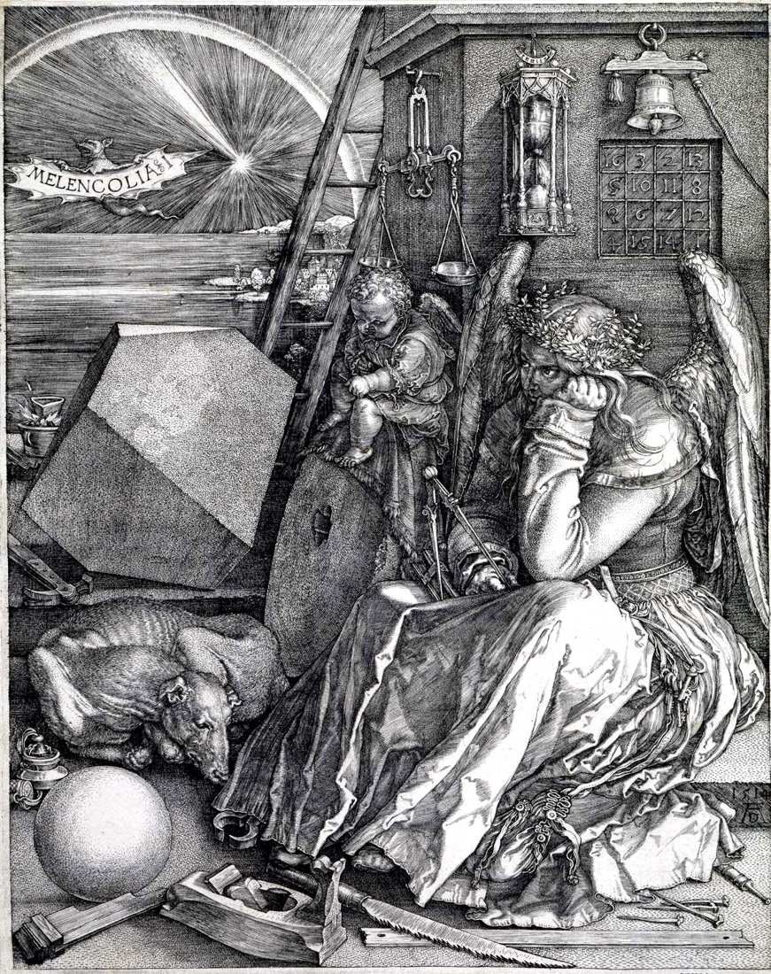 Dürer’s engraving Melencolia I, a brooding winged figure among tools and a magic square