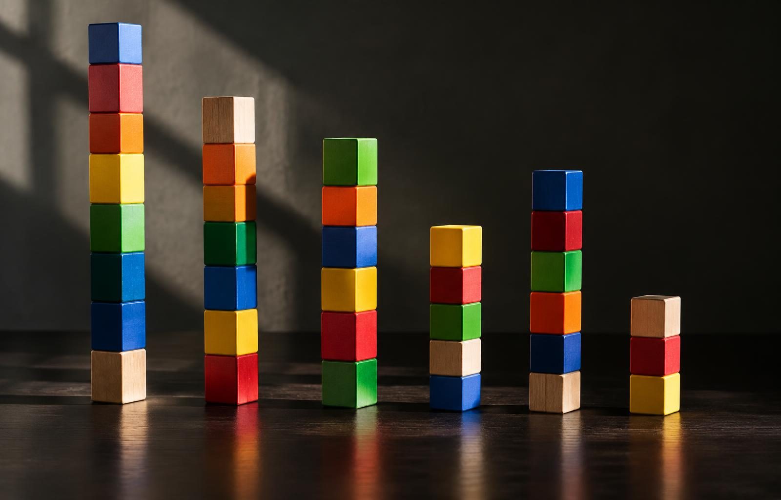 Six towers of coloured wooden blocks, one much shorter than the rest