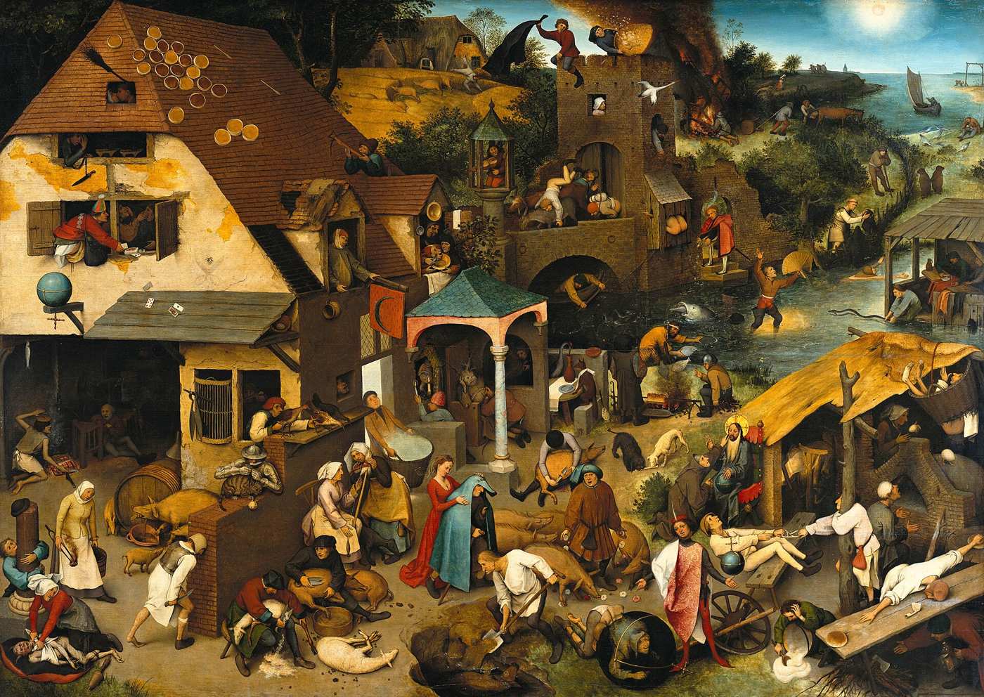 Bruegel’s Netherlandish Proverbs, a crowded village acting out a hundred sayings